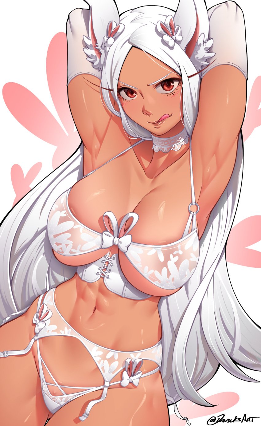 1girls 2024 2d abs animal_ears areola_slip areolae armpits arms_up athletic athletic_female big_breasts bra breasts bunny_ears choker closed_mouth clothed clothing color dark-skinned_female dracksart eyebrows_visible_through_hair female female_only fit_female hi_res hourglass_figure kemonomimi large_breasts lingerie long_hair looking_at_viewer mature_female miruko muscular muscular_female my_hero_academia navel panties pussy red_eyes rumi_usagiyama slim_waist solo solo_female tan_body tongue tongue_out white_hair white_lingerie wide_hips