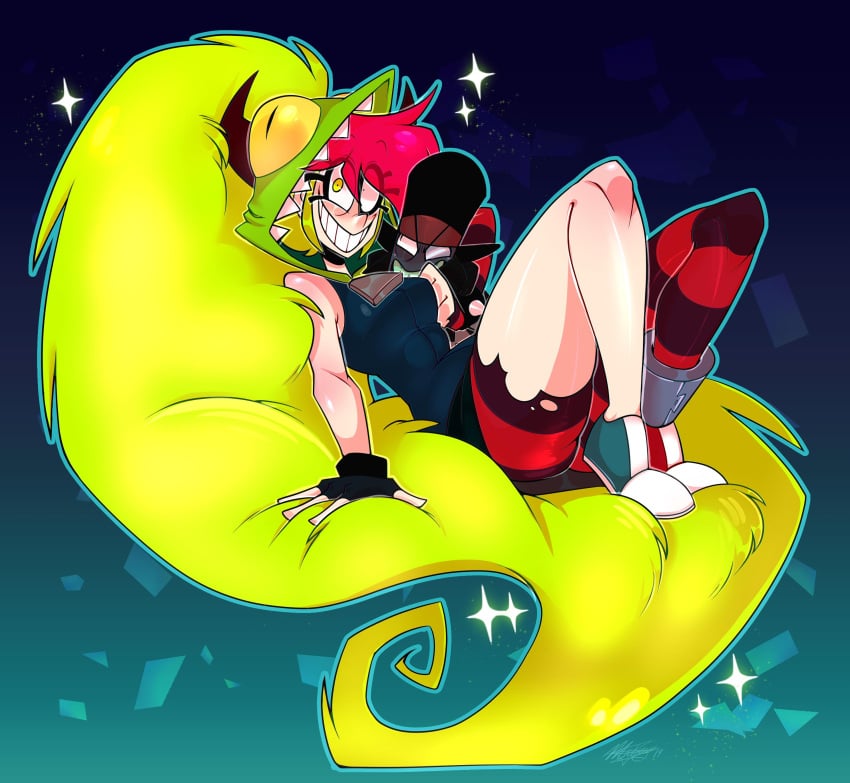 2d black_hat_(villainous) breasts cartoon_network demencia_(villainous) fingerless_gloves monocle red_hair ripped_leggings thighs top_hat toxicsoul77 villainous zipper