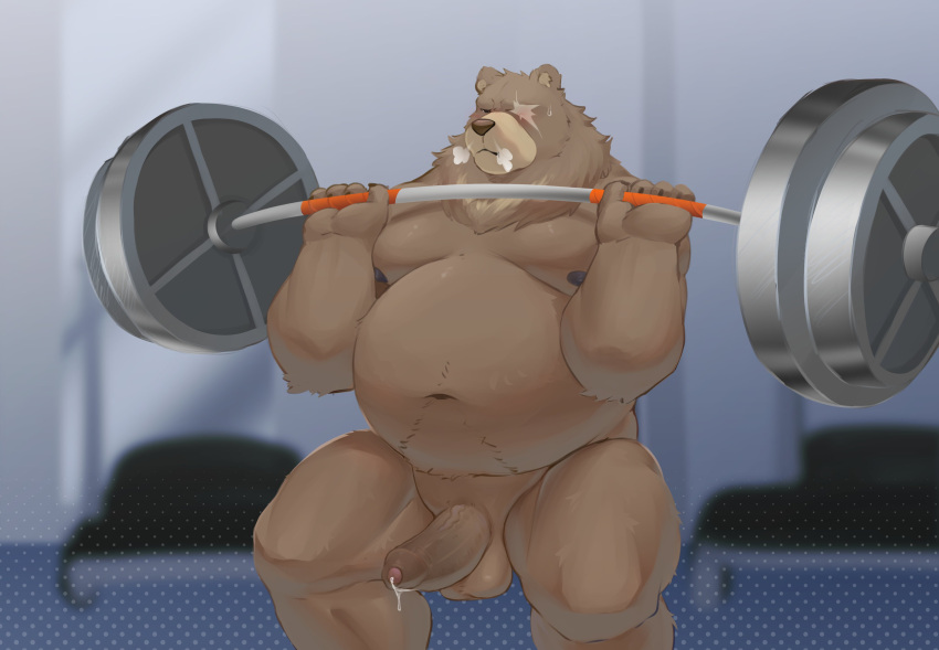 2024 absurd_res anthro areola balls barazoku barbell bear belly ben_bigger bent_legs big_belly big_muscles big_penis blurred_background bodily_fluids breath claws dripping erection exercise fatpad foreskin frown fur genital_fluids genitals glans gym hi_res huge_belly huge_muscles humanoid_genitalia humanoid_penis inside kajin-sama kemono male male_only mammal manly mihoyo moobs musclegut muscular muscular_anthro muscular_male narrowed_eyes navel nipples nude overweight overweight_anthro overweight_male pecs penis precum precum_drip scar solo solo_male squats standing sweat sweatdrop thick_thighs tuft weightlifting workout zenless_zone_zero