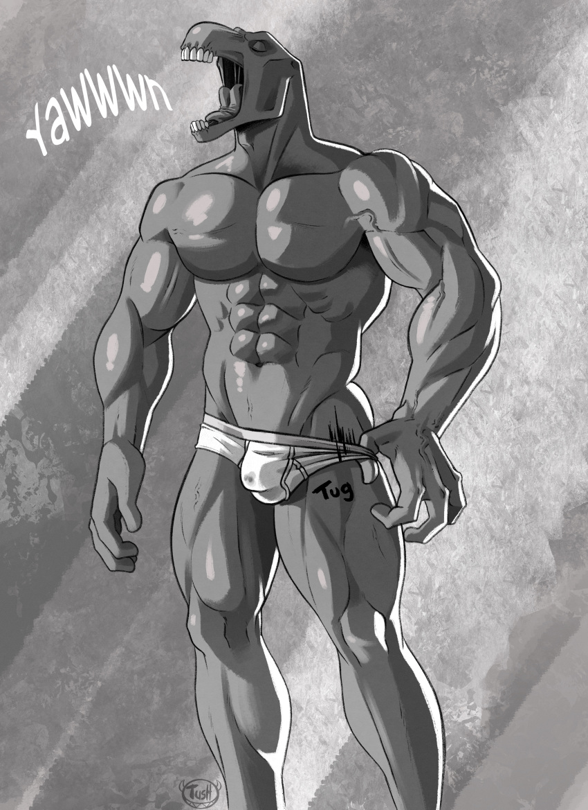 4_fingers abs absurd_res anthro beta_ray_bill biped bodily_fluids bulge clothed clothing fingers flaccid genital_fluids hi_res korbinite male male_only monochrome muscular muscular_anthro muscular_male open_mouth pecs precum solo teeth tongue topless topless_anthro topless_male tush tush_(artist) underwear underwear_only vein wet wet_clothing yawn