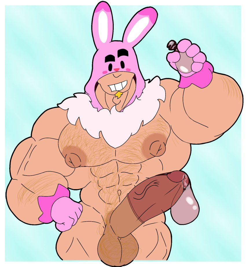 2d belly_button blonde_hair blonde_pubic_hair bodily_fluids brawl_stars bunny_ears closed_smile cocokun! color condom cum digital_media_(artwork) flexing functionally_nude goatee grom_(brawl_stars) hairy hairy_balls hairy_chest hairy_male headgear headwear hi_res holding_object hyper hyper_breasts hyper_penis large_areolae large_breasts large_nipples large_pectorals large_penis large_testicles looking_at_viewer male_only midriff muscular navel nude simple_background simple_shading smile uncensored used_condom veiny_penis