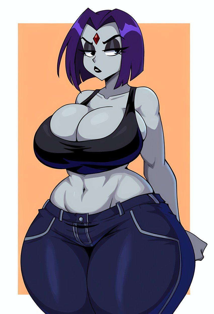 ai_generated annoyed belly belly_button black_lipstick dc eyeshadow grey_skin huge_ass huge_breasts jeans lubbasdump makeup midriff raven_(dc) tank_top tanktop wide_hips