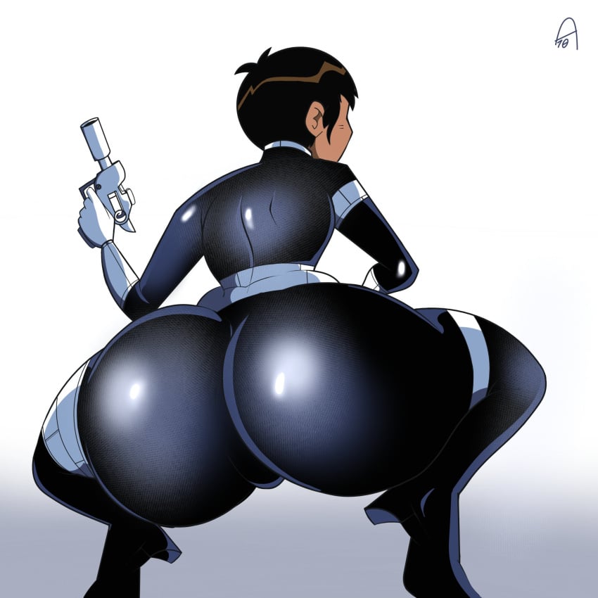 1girls ass back_view big_ass bubble_butt dark-skinned_female dark_skin dudenameda10 female gun maria_hill maria_hill_(earth's_mightiest_heroes) marvel marvel_comics short_hair skintight