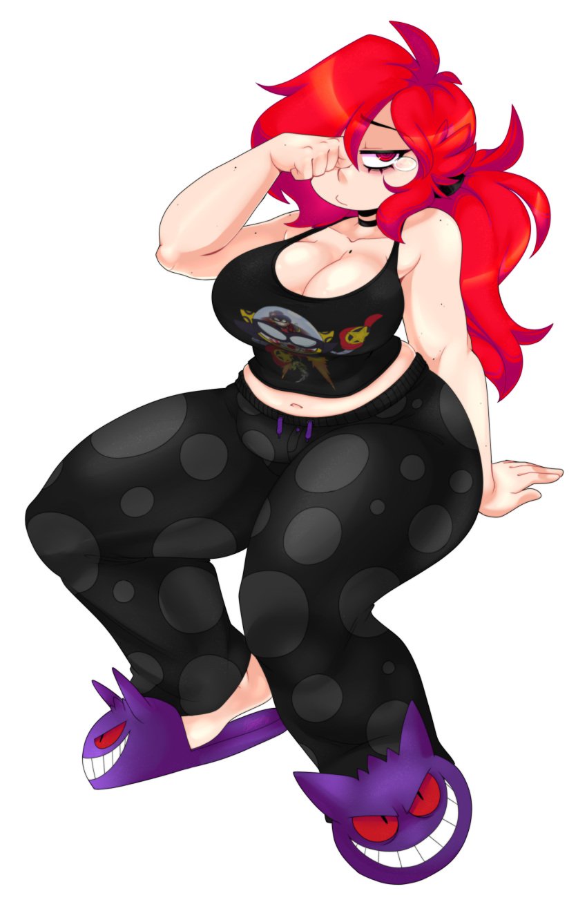 big_breasts cleavage game_freak gengar nintendo pajama_pants pajamas pale-skinned_female pokemon_(species) polka_dot ponytail red_hair rubbing_eyes sleepy slippers tank_top tired toon_michaela toxicsoul77