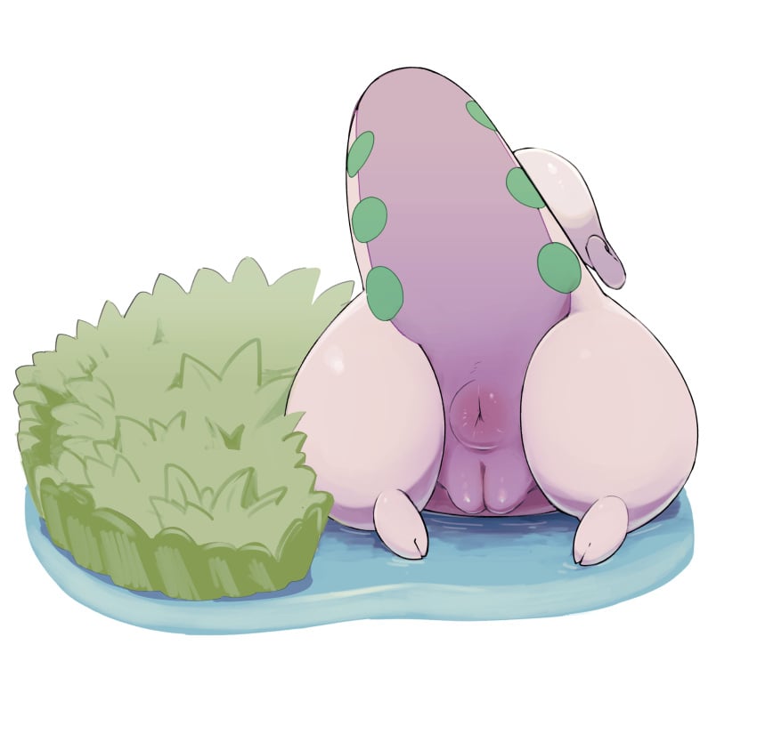 anthro anus ass butt_focus dodudoru female feral_only generation_6_pokemon genitals goodra hi_res long_tail lying nintendo on_ground plump_labia pokemon pokemon_(species) puffy_anus purple_body purple_skin pussy rear_view simple_background solo tail thick_tail thick_thighs white_background wide_hips