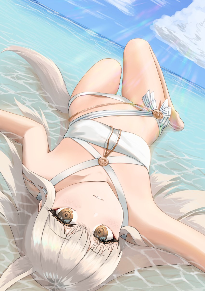 1girls animal_ears arknights barefoot bikini bikini_bottom bikini_top bra breasts brown_eyes chest clouds codename696 collarbone dutch_angle eyelashes female female_only highres kemonomimi legs light-skinned_female light_blush long_hair looking_at_viewer lying_in_water outdoors outside panties parted_lips platinum_(arknights) sea solo swimsuit tagme tail thighs water white_bikini white_bikini_bottom white_bikini_top white_bra white_hair white_panties white_swimsuit yellow_eyes