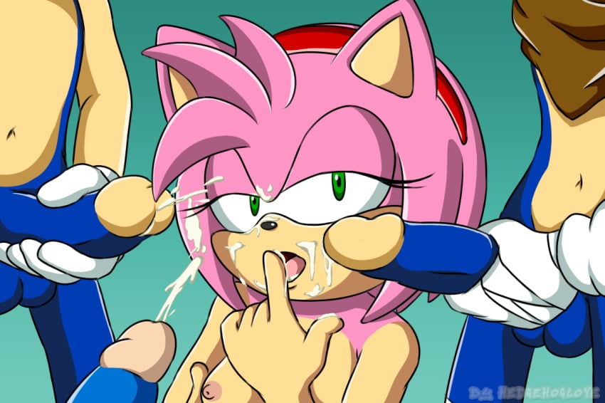 amy_rose anthro balls black_nose blue_fur breasts bukkake cum cum_on_face ejaculation female gangbang green_eyes hairband half-closed_eyes hedgehog hedgehoglove male mobian_(species) open open_mouth penis pink_fur pink_hair short_hair simple_background sonic_(series) sonic_the_hedgehog straight sweat