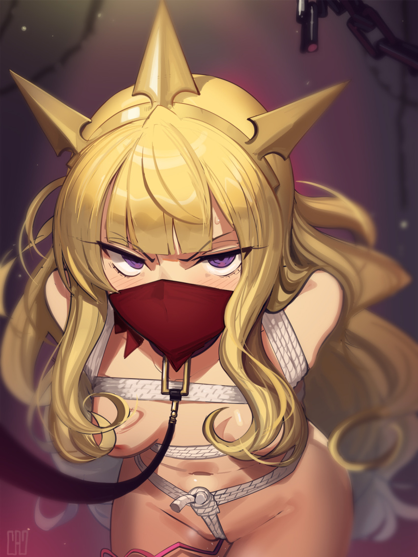 angry arms_behind_back blonde_hair blush bondage bondage bondage bound bound_arms bound_legs cad_(caddo) cagliostro_(granblue_fantasy) chains female glaring granblue_fantasy highres holding holding_leash leash long_hair looking_at_viewer mask mouth_mask nude purple_eyes restrained sex_toy solo tiara variant_set vibrator viewer_holding_leash