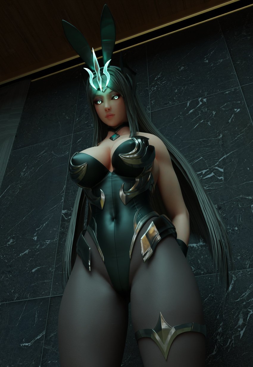 3d big_breasts big_thighs bunny_ears bunny_girl bunnysuit female female_focus female_only grey_hair irelia_xan league_of_legends looking_at_viewer riot_games ruined_irelia ruined_king_symbol