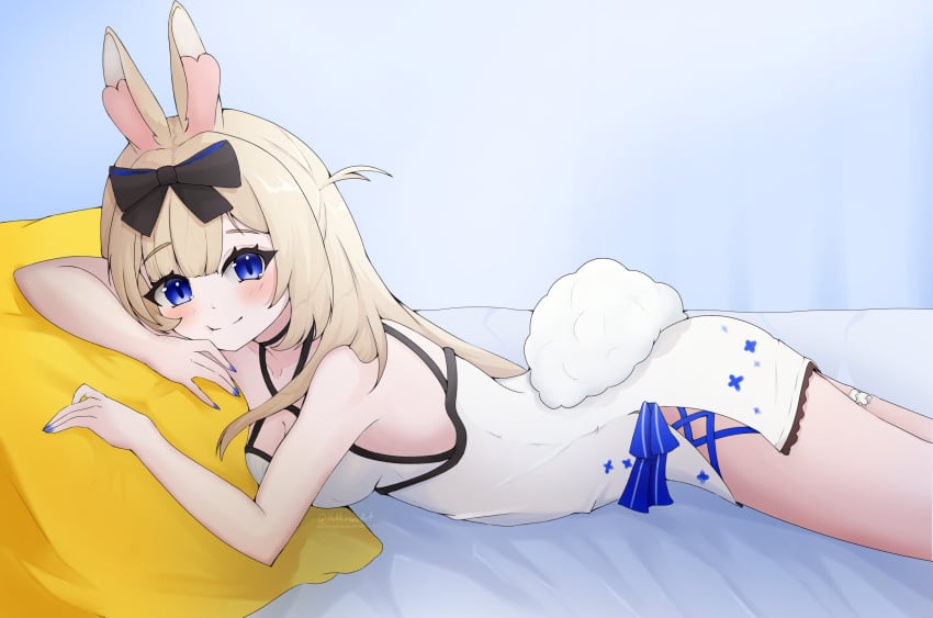 1girl animal_ears bangs bare_shoulders bed_sheet black_bow black_choker blonde_hair blue_eyes blush bow breasts bunny_ears bunny_girl bunny_tail choker closed_mouth eyebrows_visible_through_hair female hair_between_eyes hair_bow long_hair looking_at_viewer lying medium_breasts on_stomach pillow shorts sleeveless smile solo striped tail virtual_youtuber vyugen white_shorts yenko