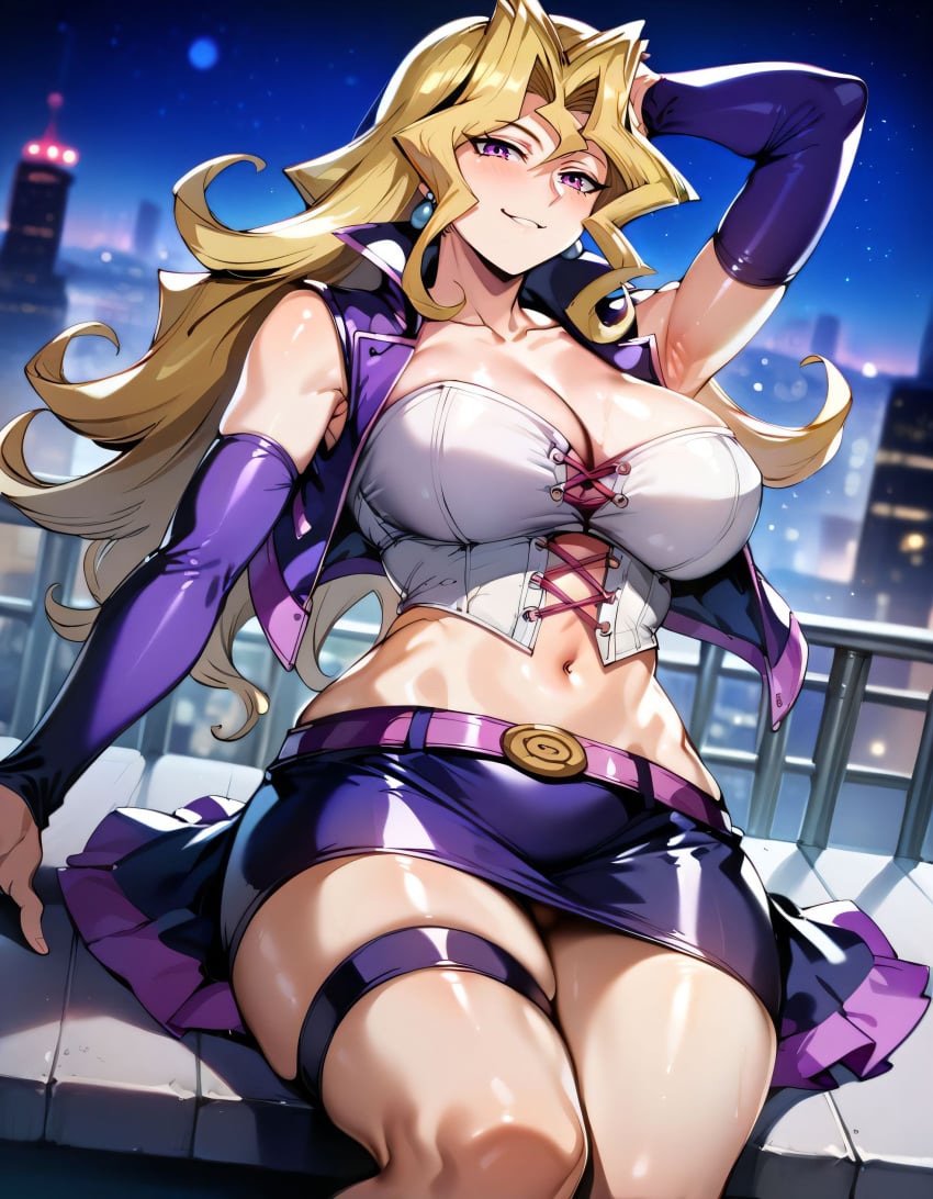 1girls ai_generated alternate_breast_size bostin breasts busty cleavage curvaceous curvy curvy_body curvy_female curvy_figure large_breasts mai_valentine mommy outdoors sitting skirt solo sweat sweating sweaty sweaty_body sweaty_breasts swimwear thick_thighs thighs venus_body voluptuous yu-gi-oh!