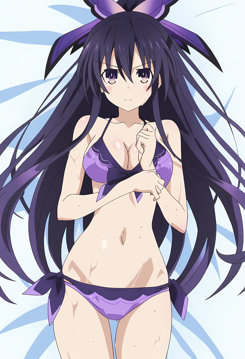 1girls 2d bed belly belly_button breasts date_a_live light-skinned_female long_hair purple_eyes purple_hair solo solo_female thighs yatogami_tohka