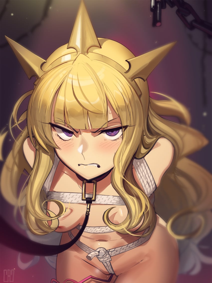 angry arms_behind_back blonde_hair blush bondage bondage bondage bound bound_arms bound_legs cad_(caddo) cagliostro_(granblue_fantasy) chains clenched_teeth female glaring granblue_fantasy highres holding holding_leash leash long_hair looking_at_viewer nude purple_eyes restrained sex_toy solo teeth tiara vibrator viewer_holding_leash