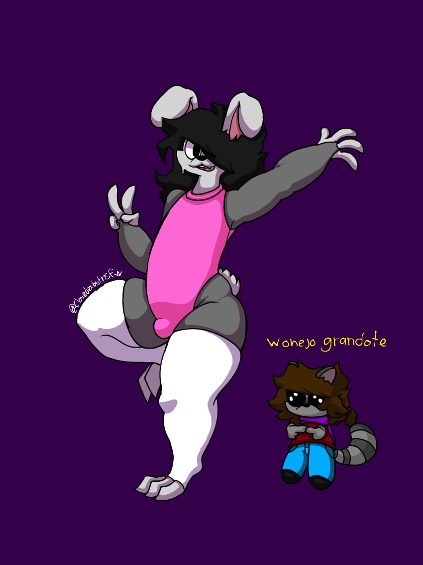 big_thighs black_hair bodysuit brown_hair clases clovedex_(artist) clover_(clovedex) erick_(clovedex) femboy furry furry_clover_(clovedex) furry_erick_(clovedex) furry_only gay pink_clothing purple_background rabbit_ears racoon semi-transparent small_penis socks spanish_text standing sweat sweatdrop transparent v_sign