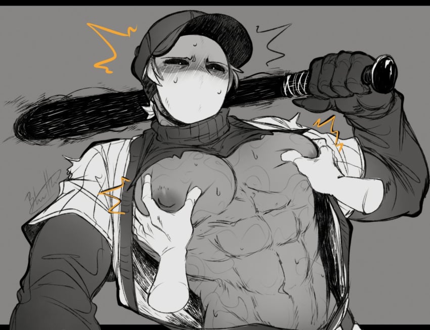 abs bara bara_tiddies bara_tits barazoku blasticheart_(artist) buff disembodied_hands grabbing grabbing_another's_breast grabbing_pecs greyscale groping_breasts groping_pecs male male_focus male_only mask_(blasticheart) monochrome muscular muscular_male open_shirt pec_grab pec_grasp pectoral_grab six_pack solo_focus solo_male suggestive