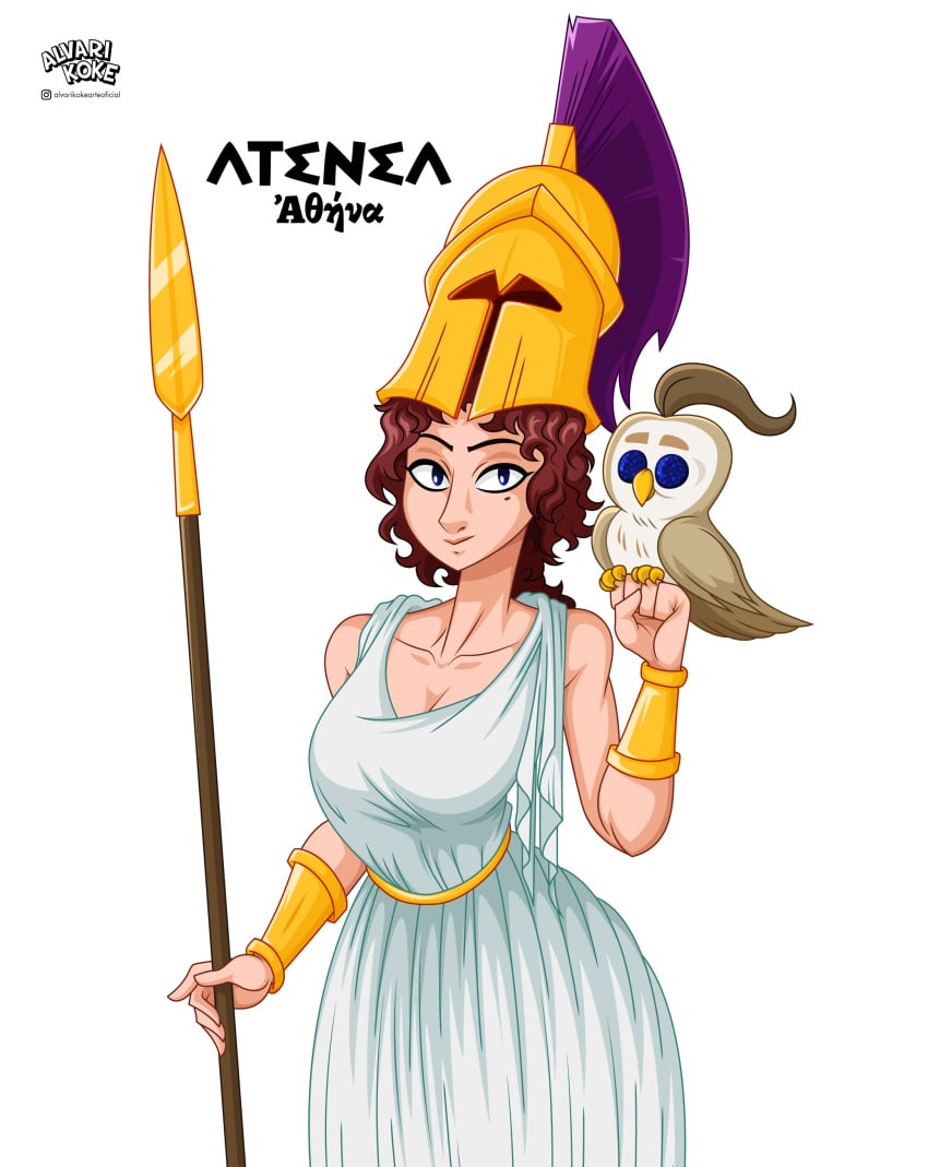 1girls 2024 alvarikokearte artist_logo artist_name athena big_breasts blue_eyes breasts brown_hair deity english_text european_mythology goddess greek_mythology mythology public_domain spanish_text