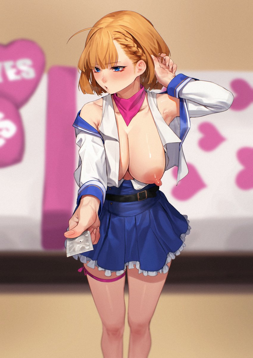 1girls :o ahoge areolae armpits bangs bare_shoulders bed bedroom beeeeen belt big_breasts blue_eyes blush breasts breasts_out clothes condom_wrapper dress embarrassed exposed_breasts eyelashes female female_only griffon_(last_origin) hand_in_hair heart_pillow highres indoors large_breasts last_origin legs light-skinned_female light_skin looking_at_viewer nails nipples no_bra offering offering_condom offering_to_viewer open_clothes open_mouth orange_hair p/a-00_griffon_(last_origin) sabotaged_condom sagging_breasts short_hair skirt solo standing steaming_body thigh_ribbon twirling_hair uniform yes-no_pillow