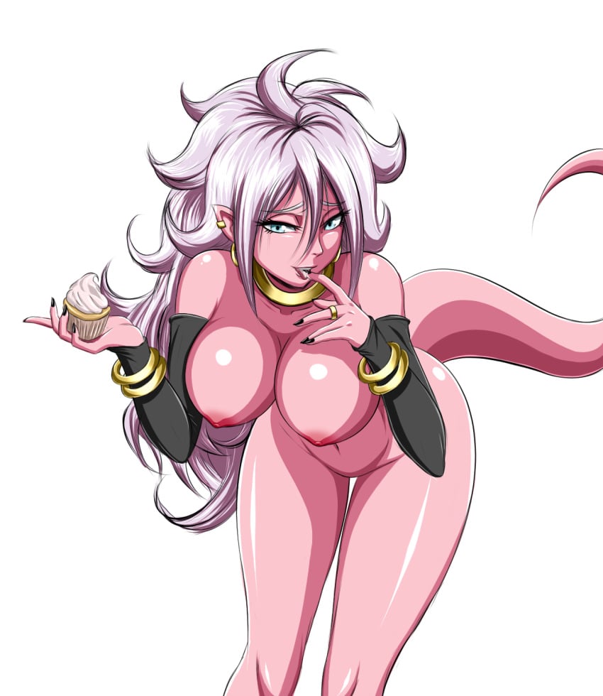 1girls 2010s ahoge android_21 android_21_(good) black_nails blue_eyes bracelet breasts cupcake detached_sleeves dragon_ball dragon_ball_fighterz earrings eyelashes female finger_to_mouth gold highres humanoid jewelry leaning_forward light_persona long_hair looking_at_viewer majin majin_android_21 monster_girl neck_ring nipples nude open_mouth pink_hair pink_skin pointy_ears ring simple_background solo tail tongue tongue_out white_background white_hair zantyarz