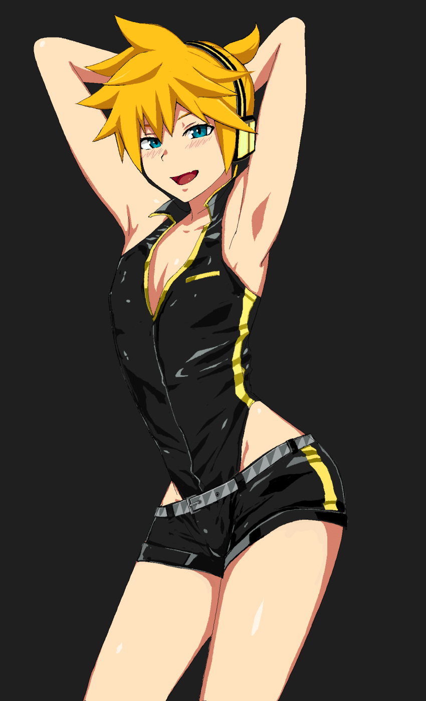 1boy animated blonde_hair blue_eyes c3_piyo femboy gif headphones kagamine_len latex looking_at_viewer loop male_only mouth_open skimpy smiling_at_viewer swaying_hips twink vocaloid