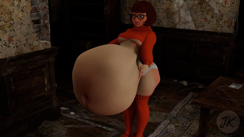 3d belly belly_bulge belly_button belly_overhang brown_eyes brown_hair expansion female freckles freckles_on_ass freckles_on_thighs jackiller legwear scooby-doo socks stuffed_belly thick tonuge_out underboob velma_dinkley vore vore_belly vore_bulge vore_warning