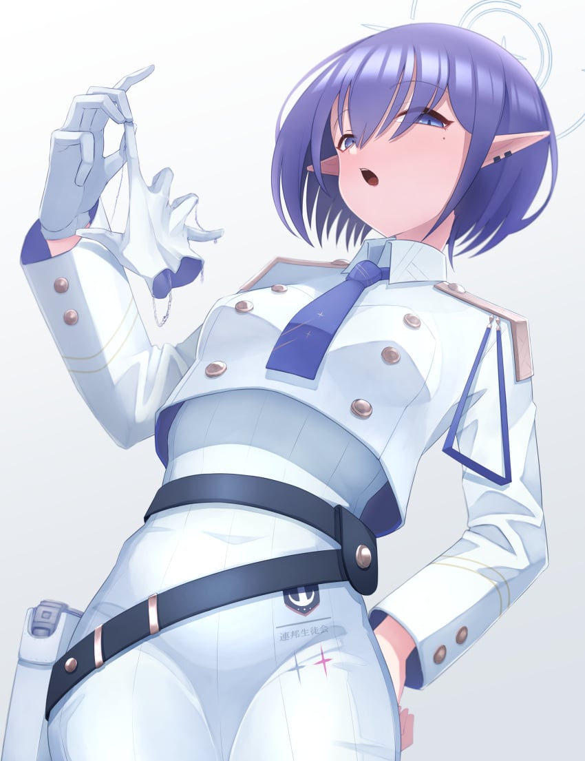 :o absurdres aiguillette aoi_(blue_archive) belt black_belt blue_archive blue_eyes blue_hair blue_halo blue_necktie blush breasts buttoned_cuffs buttons collared_jacket commentary covered_groin cowboy_shot cropped_jacket cum_in_gloves cum_on_gloves doro9363 double-breasted dress earrings epaulettes female from_below full-face_blush gloves gold_buttons gradient_background grey_background gun gunbelt halo hand_on_own_hip handgun highres holding holding_gloves holding_unworn_clothes holster holstered jacket jewelry leaning_to_the_side long_sleeves looking_at_viewer mole mole_under_eye necktie open_mouth pointy_ears print_dress print_necktie short_hair short_necktie simple_background single_glove small_breasts solo standing tight_clothes tight_dress unworn_gloves weapon white_dress white_gloves white_jacket