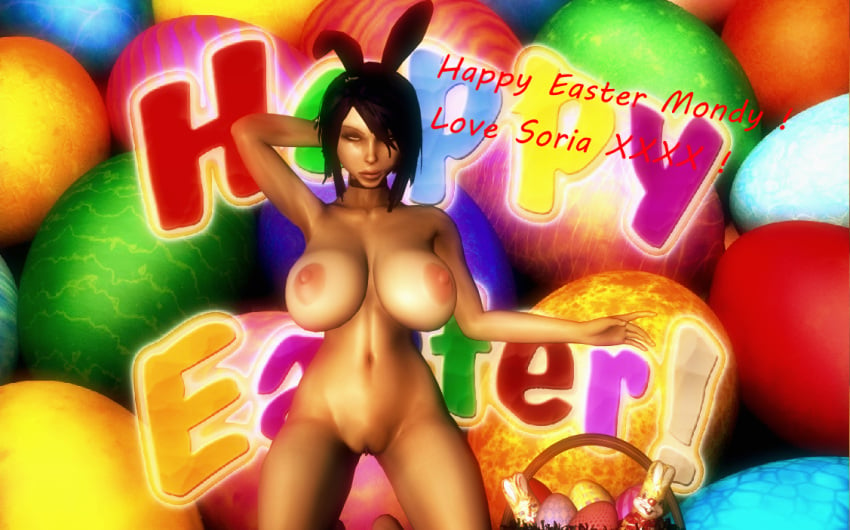 1girls 3d background big_breasts breasts bunny_ears chocolate cybercole360 easter easter_basket easter_eggs feet female female_only headband human human_only kneeling large_breasts legs naked nipples nude nude_female posing purple_hair pussy pussy_lips render scrolls solo soria text xnalara xps yellow_eyes