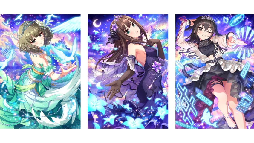 bird castle dress earrings hashtag highres idolmaster idolmaster_cinderella_girls jewelry moon official_art petals shibuya_rin skirt sky smile stairs sunazuka_akira takagaki_kaede thighs tiara