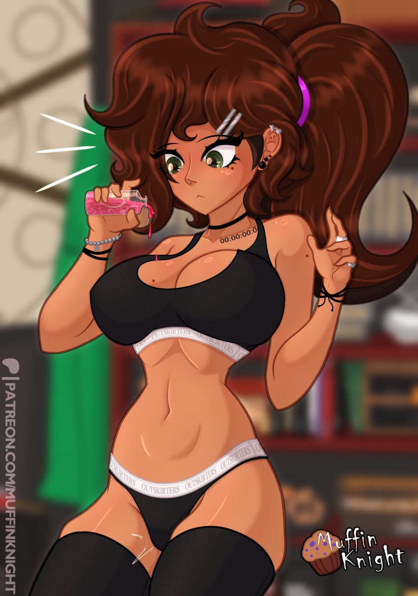 1girls brown_hair green_eyes ponytail tan tan_body tan_skin tan-skinned_female solo solo_focus solo_female surprised mole mole_on_face mole_on_breast large_breasts thin_waist athletic athletic_female thick_thighs underwear bra panties black_bra black_panties muffinknight muffin_(muffinknight) looking_down choker thighhighs earrings nose_piercing bracelet hourglass_figure breeding_material wife_material breedable breasts hips potion spilling spilling_liquid bottle