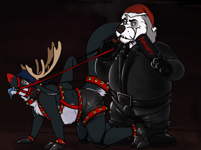 2015 4_fingers anthro antlers barnaby_(overzen) belly binturongboy bit_gag black_fur black_nose blue_hair blue_tongue bondage boots bound bulge cetacean christmas clothed clothing domination duo english_text felix_(binturongboy) footwear fur gag gagged grey_fur hair harness harness_bit_gag holidays horn hybrid male male_domination mammal marine monster multicolored_fur muzzle_(object) muzzled open_mouth orca overweight red_nose roleplay rubber shiny simple_background standing teeth text tongue tongue_out two_tone_fur whale white_fur yaoi yellow_eyes yellow_sclera