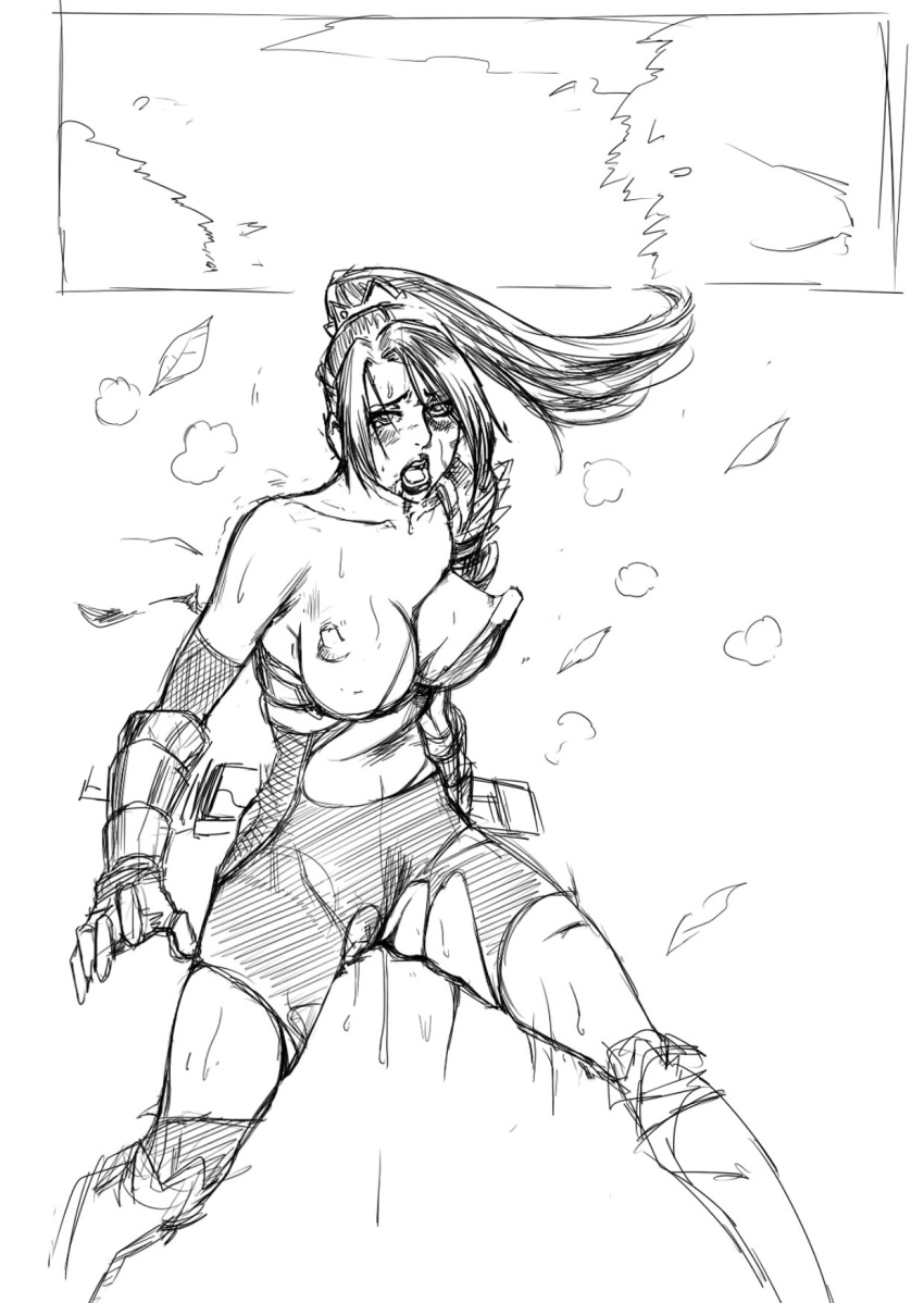 dark_hair dripping drooling erect_nipples female female_only monochrome ponytail pussy pussy_juice ripped_clothing sato_d sketch solo soul_calibur taki weapon