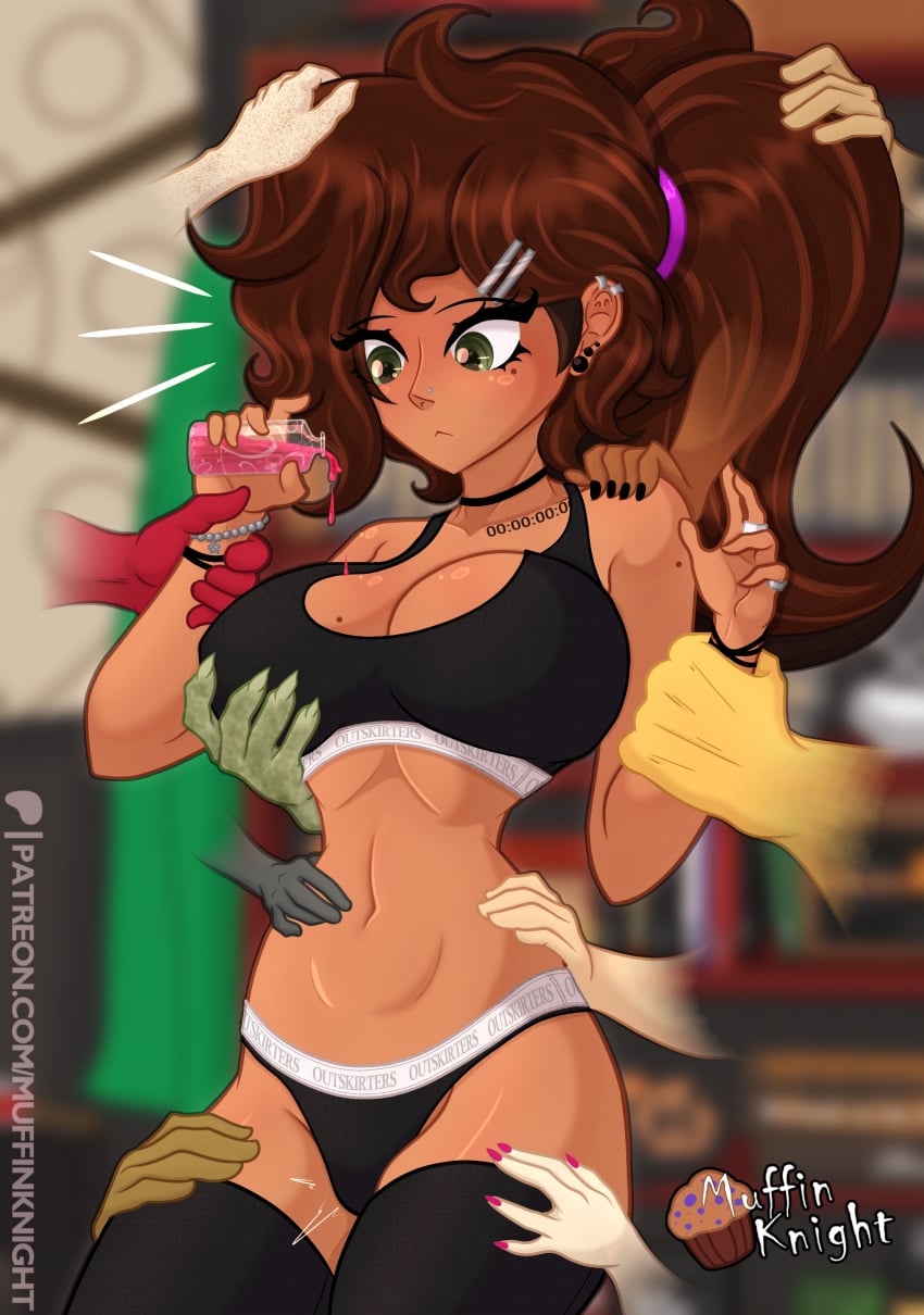 1girls brown_hair green_eyes ponytail tan tan_body tan_skin tan-skinned_female solo solo_focus solo_female surprised mole mole_on_face mole_on_breast large_breasts thin_waist athletic athletic_female thick_thighs underwear bra panties black_bra black_panties muffinknight muffin_(muffinknight) looking_down choker thighhighs earrings nose_piercing bracelet hourglass_figure breeding_material wife_material breedable breasts hips potion spilling spilling_liquid bottle disembodied_hand grabbing_breast grabbing_waist groping being_groped grabbing_hips hand_on_waist hand_on_shoulder hand_on_head hand_on_thigh grabbing_thigh