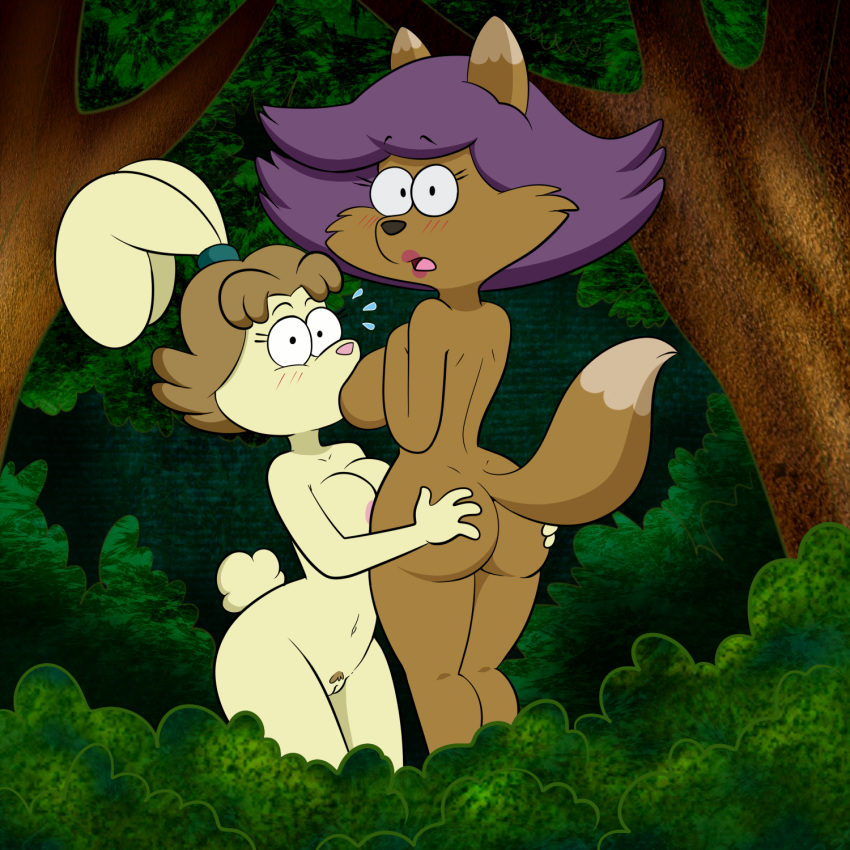 2018 areola ass blush breast_sucking breasts brown_fur brown_hair butt canid canine caught duo female forest fox fur hair hannah_(harvey_beaks) harvey_beaks_(series) hi_res kari_hare lagomorph lipstick lonbluewolf looking_at_viewer makeup mammal multicolored_fur open_mouth outside predator/prey pubes purple_hair pussy rabbit sucking tongue tree two_tone_fur voyeur yellow_fur yuri