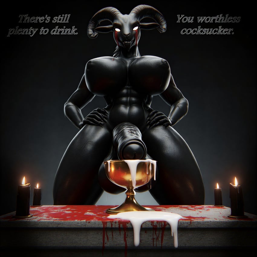 ai_generated ai cgi highres high_resolution 3d 3d_render 3d_ai anthro anthropomorphic anthro_only goat goat_demon goat_ears goat_horns goat_humanoid goat_legs goat_eyes goat_girl caprine caprine_demon caprine_horns horn horns black_fur dark_fur black_skin dark_skin pale_eyes white_eyes grin sinister_smile smirking malicious_smile smiling big_tits massive_tits large_tits tits big_breasts massive_breasts large_breasts futa_cock futanari futa futanari_only futanari/female futa_only futa_focus anthro_focus solo looking_at_viewer looking_down_at_viewer hands_on_hips hands_on_waist hips waist abs abdomen abdomen_markings claws clawed_fingers demon demonic demonic_creature demonic_horns dark-skinned_female dark-skinned_futa candles candle flames flame fire altar sacrificial_altar ritual satanic evil evil_grin evil_smile evil_face thick_thighs fat_thighs fat_ass thunder_thighs dark_nipples black_nipples nipples standing proud prideful massive_cock massive_penis massive_dick dick penis cock huge_cock huge_penis huge_dick large_penis big_penis chalice gold golden cup goblet blood blood_stain blood_splatter stains stain text text_bubble cum sperm semen cum_overflow cum_overflowing filling_cup drink drinking talking_to_viewer talking talking_to_partner talking_to_prey veiny veins vein veiny_penis semen_leaking cum_leaking cum_leak ejaculation ejaculating ejaculate throbbing throb throbbing_penis throbbing_urethra futadom