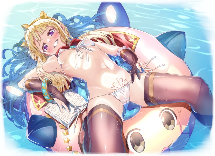 1girls alchemist ass_visible_through_thighs blonde_hair book bracelet brown_gloves brown_legwear brown_thighhighs cagliostro_(granblue_fantasy) cameltoe female female_only frilled_gloves frills front-tie_bikini gem gloves granblue_fantasy grin inflatable_raft inflatable_toy legs long_hair micro_bikini neck_bow niko_(tama) nipples nipples_visible_through_clothing ocean outdoors pubic_tattoo purple_eyes red_bow shiny_hair shiny_skin side-tie_bikini small_breasts smile solo spellbook teeth thighs tiara toeless_legwear toeless_thigh_highs vyrn water wet white_bikini