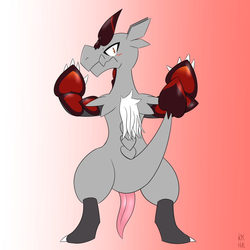 1boy 2018 absurd_res alternate_color animal_genitalia ass back big_penis big_thighs biped blush claws dragon erection fangs feet feral fur gradient_background grey_body grey_skin hakamo-o heart hi_res kobold lizard looking_at_viewer looking_back male male_only nintendo nude original_character penis pinup pokémon_(species) pokemon pokemon_sm pose precum rear_view red_background red_eyes red_skin reptile rhuanfps scalie slit solo solo_male standing tail tapering_penis teeth text thick_thighs video_games watermark white_background white_fur