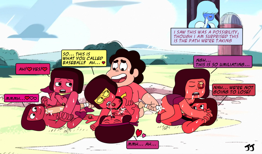 baseball_bat black_hair cartoon_network female gem gem_(species) harem heart hit_the_diamond_(steven_universe) holding_hands human jonnyjonnino male multiple_girls penis ruby_(gem_species) ruby_army ruby_doc ruby_eyeball ruby_leggy ruby_navy saliva saliva_trail sex skin small_breasts steven_quartz_universe steven_universe sweat text