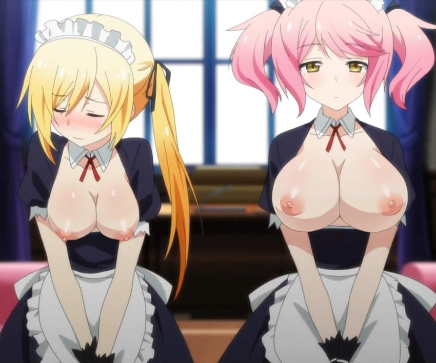 2girls areolae asymmetrical_hair blonde_hair blush breasts breasts_out_of_clothes cleavage closed_eyes clothing embarrassed eyebrows_visible_through_hair female indoors large_breasts lisesharte_atismata long_hair looking_at_viewer looking_away looking_down maid medium_breasts multiple_girls nipples nude_filter philuffy_aingram photoshop pink_hair saijaku_muhai_no_bahamut screen_capture short_hair topless yellow_eyes