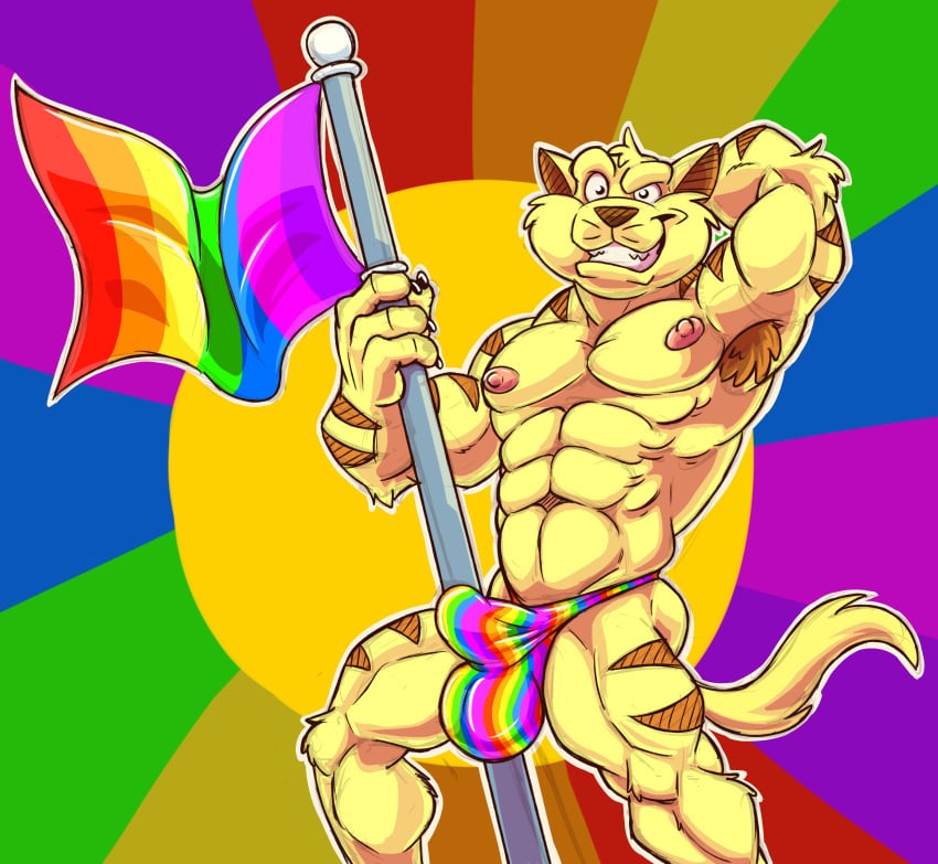 2016 4_fingers abs absurd_res anthro armpit_hair biceps big_muscles biped body_hair brown_nose bulge chance_furlong claws clothed clothing feline flag flagpole fur gay_pride grin griz_urso hand_behind_head hi_res humanoid_hands looking_at_viewer male male_only mammal manly muscular muscular_male nipples paws pecs penis_outline pink_nipples rainbow rainbow_background rainbow_flag rainbow_symbol simple_background smile solo striped_fur stripes super_gay swat_kats tan_fur teeth thong topless yellow_fur