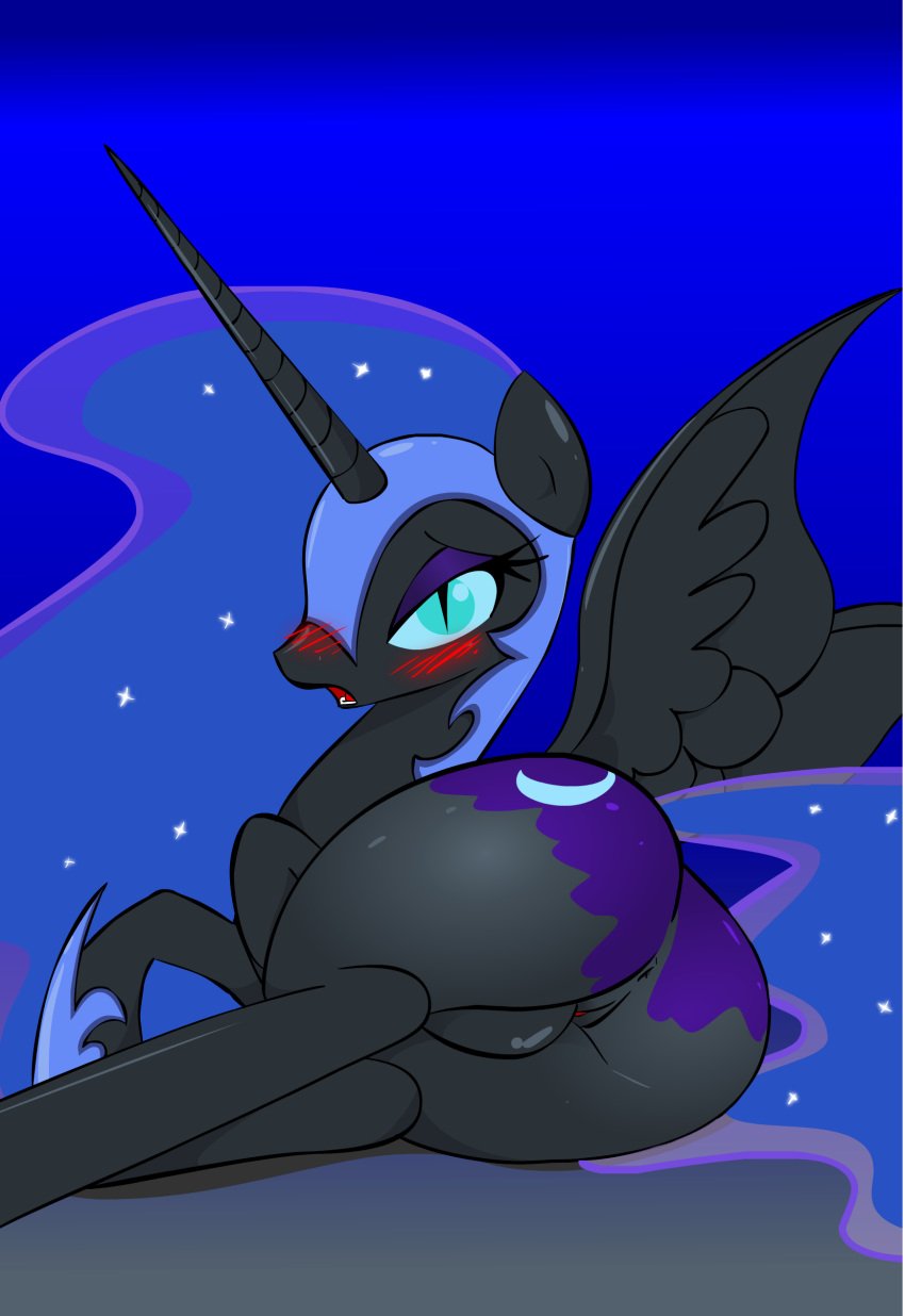 2012 alicorn anthro anus armor ass blue_eyes blue_hair blush cutie_mark equine female friendship_is_magic hair helmet horn horse long_hair looking_at_viewer looking_back masturbation my_little_pony nightmare_moon_(mlp) pony princess_luna_(mlp) pussy seii3 solo tongue wings zev