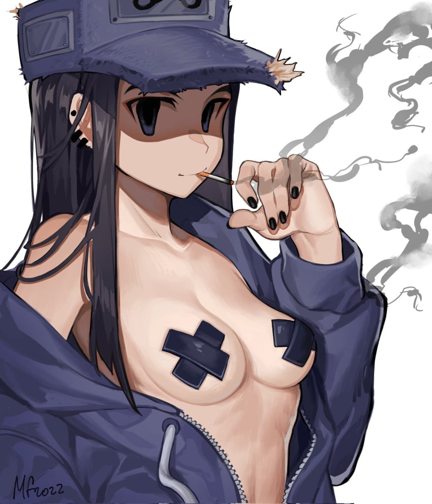 breasts_out cassette_girl cigarette friday_night_funkin hat jacket long_hair mary_felizola medium_breasts open_clothes smoking taped_nipples