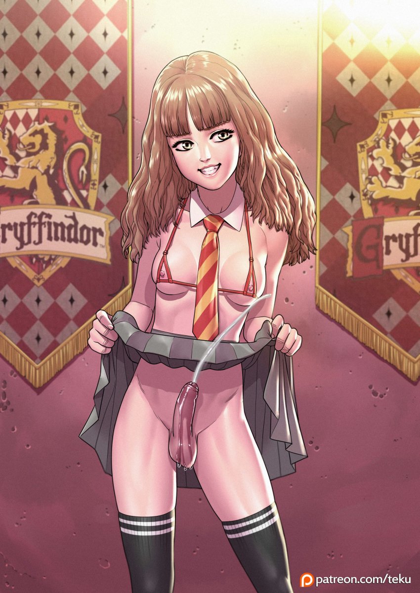 1futa areolae balls bikini_top breasts brown_hair cleavage cum cumshot curvy erect_nipples erection erection_under_clothes erection_under_skirt futa_only futanari gryffindor gryffindor_symbol gryffindor_tie hands-free harry_potter hermione_granger intersex long_hair medium_breasts nippleless_clothes nipples no_panties penis penis_out penis_under_clothes penis_under_skirt precum precum_drip presenting presenting_penis skirt skirt_lift smile solo tekuho thighhighs witch_(harry_potter)