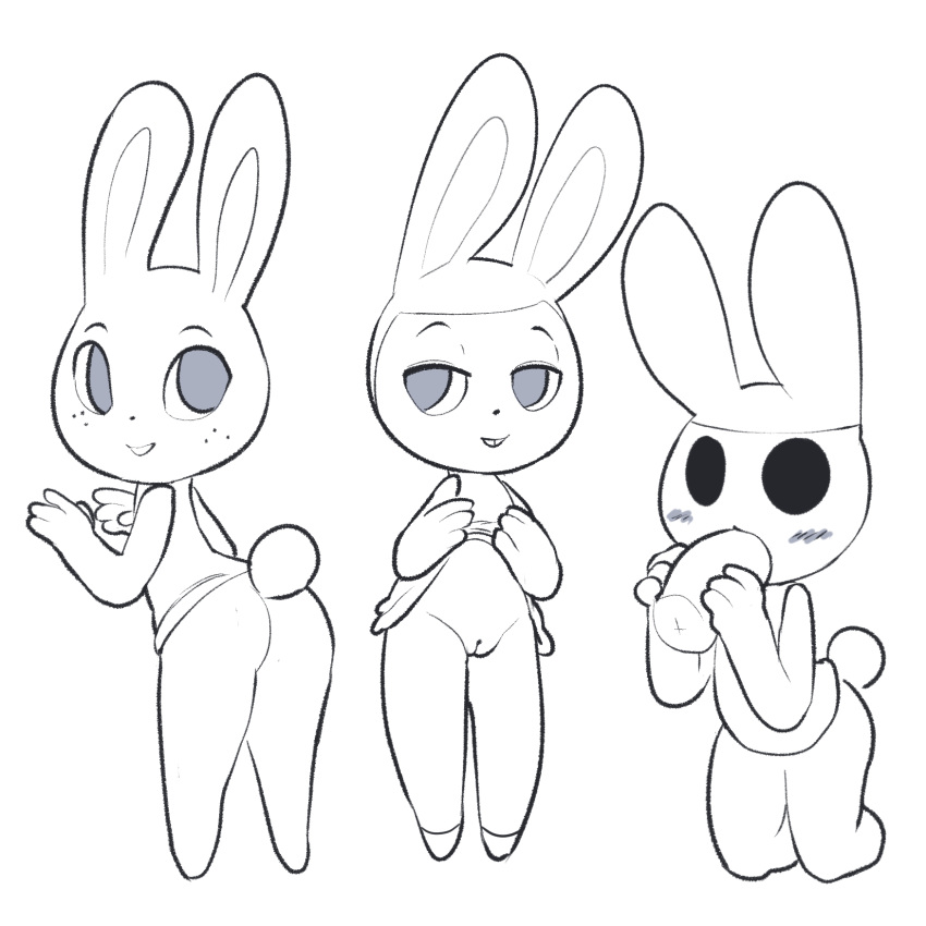 2016 animal_crossing anthro ass blush bottomless carmen_(animal_crossing) clothed clothing coco_(animal_crossing) disembodied_penis fellatio female hi_res itsunknownanon kneeling lagomorph looking_at_viewer male mammal nintendo oral penis presenting pussy rabbit ruby_(animal_crossing) sex simple_background straight upskirt video_games