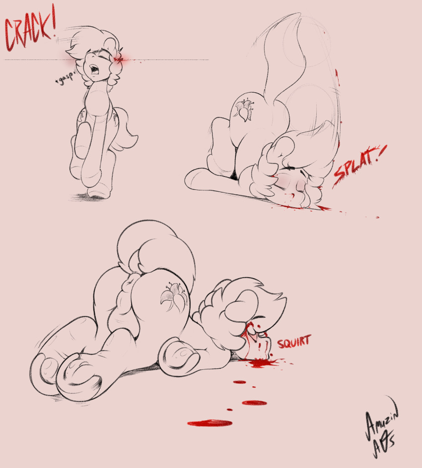 2016 amazin-arts anus ass balls blood closed_eyes corpse cutie_mark death earth_pony equine gasp gunshot hi_res hooves horse horseshoe male mammal my_little_pony pony presenting presenting_hindquarters raised_tail simple_background sketch solo