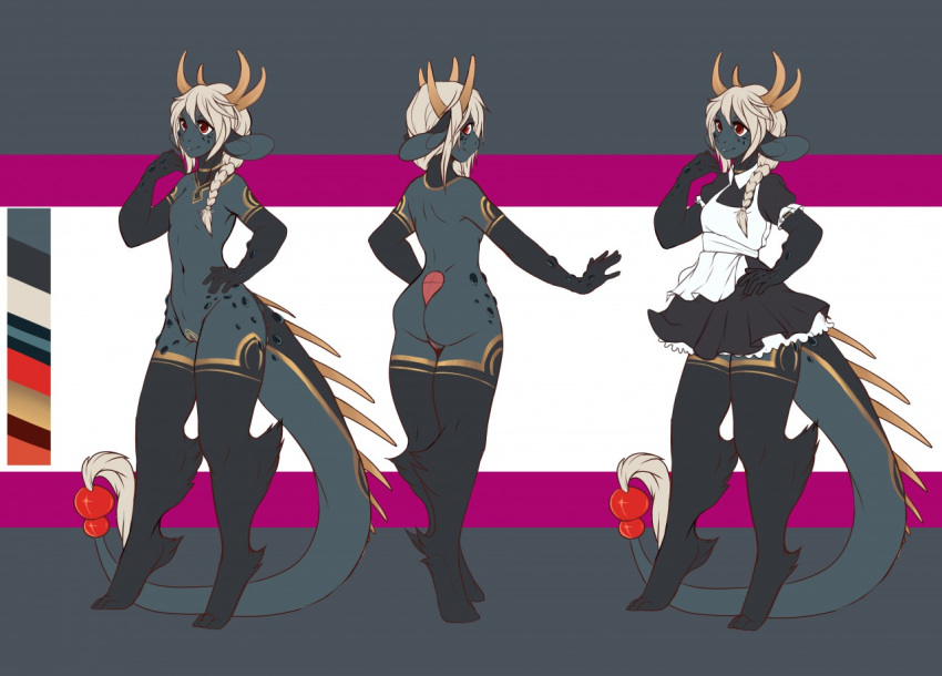 2018 alicia_carver anthro clothed clothing dragon female flat_chested hair horn maid_uniform mocha-wing model_sheet nude pussy scalie simple_background solo standing uniform white_hair