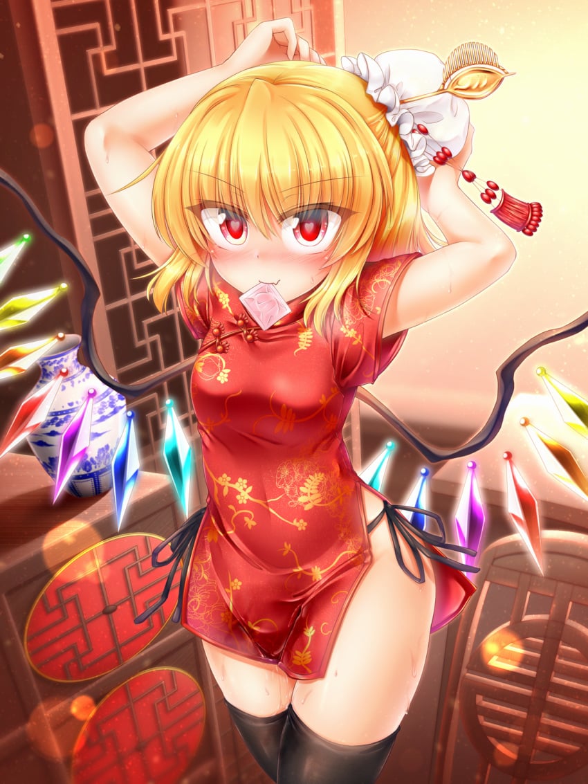 black_legwear blonde_hair blush breasts bun_cover china_dress chinese_clothes commentary_request condom condom_in_mouth cowboy_shot dress eyebrows_visible_through_hair female flandre_scarlet hair_bun hair_ornament hair_stick heart heart-shaped_pupils highres indoors legs_together light_particles looking_at_viewer m9kndi mouth_hold no_panties pussy_juice red_dress red_eyes short_hair short_sleeves small_breasts smile solo standing sweat symbol-shaped_pupils thighhighs touhou tying_hair v-shaped_eyebrows vase wings