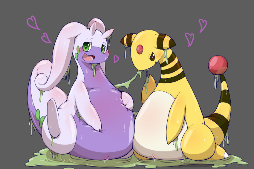 2_fingers 2_toes 2girls ampharos antennae ass belly big_tail black_fur brown_eyes chubby dragon duo fang feet female female_only feral flat_chest furry goo goodra green_eyes green_skin grey_background half-closed_eyes hand_on_belly heart heart-shaped_pupils huge_ass hukitsuneko interspecies kneeling leg_up long_neck looking_at_viewer nintendo nude open_mouth overweight overweight_female pokémon_(species) pokemon pokemon_(species) pokemon_gsc pokemon_xy purple_skin pussy pussy_juice scalie slime smile soles standing stripes tail teeth thick_thighs tongue video_games wet wide_hips yellow_fur yuri