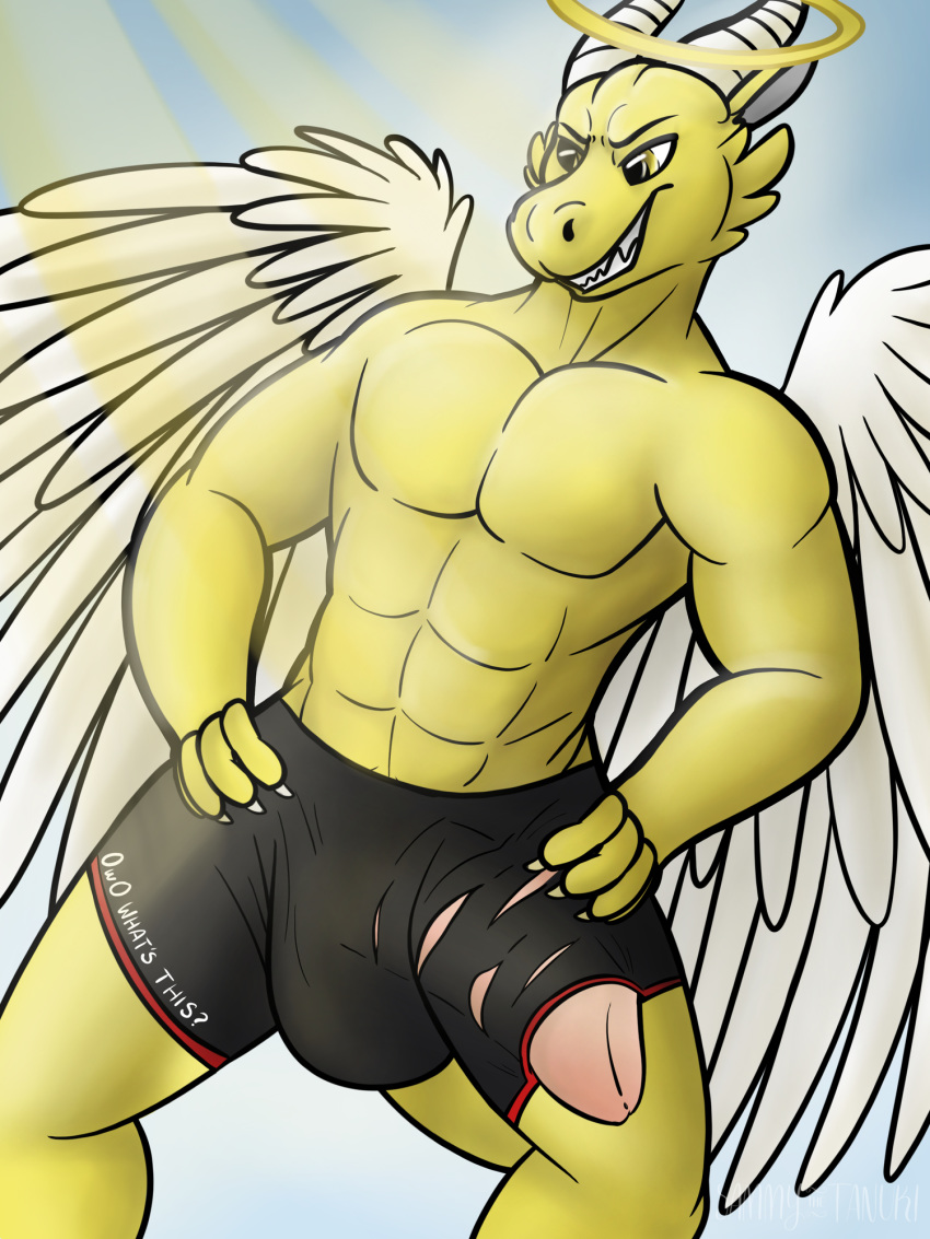 2018 aetherius angel angel_dragon anthro balls big_balls big_bulge big_penis boxers_(clothing) bulge claws clothing dragon feathered_wings feathers flaccid gold_scales grin halo heaven holy horn huge_balls huge_cock male male_only muscular penis penis_through_leghole poking_out sammy_the_tanuki scales smile smug torn_clothing underwear wings