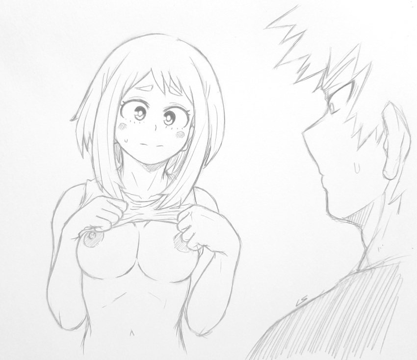 1boy 1girls 23condex being_watched breasts breasts_exposed breasts_out exposed_breasts exposed_nipples exposing_chest female james_ls katsuki_bakugou lifting_shirt looking_at_breasts male male/female my_hero_academia nipples ochako_uraraka self_exposure shirt_lift shirt_up showing_breasts spiky_hair straight