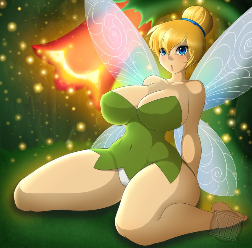 1girls blonde_hair blue_eyes disney disney_fairies fairy fairy_wings female huge_breasts peter_pan_(disney) pixie_dust short_hair tinker_bell underwear waifuholic wings