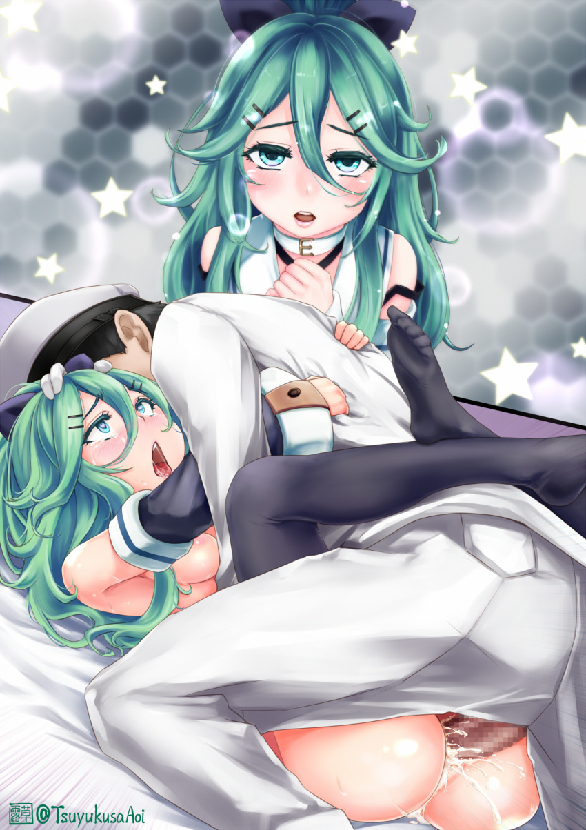 admiral_(kantai_collection) ahe_gao areolae ass bangs bare_shoulders bed_sheet black_legwear black_ribbon blue_eyes blush breasts censored choker colored_eyelashes crying crying_with_eyes_open cum cum_in_pussy cum_inside detached_sleeves ejaculation eyebrows eyebrows_visible_through_hair eyelashes female green_hair hair_between_eyes hair_ornament hair_ribbon hairclip hand_on_another's_head heart heart-shaped_pupils highres honeycomb_(pattern) honeycomb_background hug instant_loss_2koma kantai_collection leg_lock legs_up lips long_sleeves lying mating_press military military_uniform mosaic_censoring on_back open_mouth partially_undressed penis pink_lips pussy ribbon saliva sex small_breasts solo_focus star straight sweat symbol-shaped_pupils tears teeth thighhighs tongue tongue_out tsuyukusa_aoi twitter_username uniform vaginal_penetration white_choker wide_sleeves yamakaze_(kantai_collection)